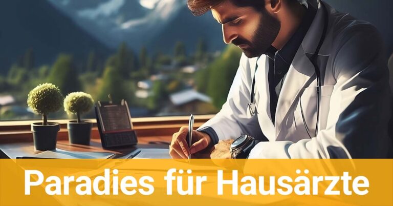 Schweizer Hausarzt sitzt an seinem Schreibtisch und schreibt