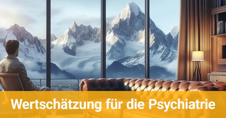 Psychiater sitzt in Praxis und blickt auf die Alpen