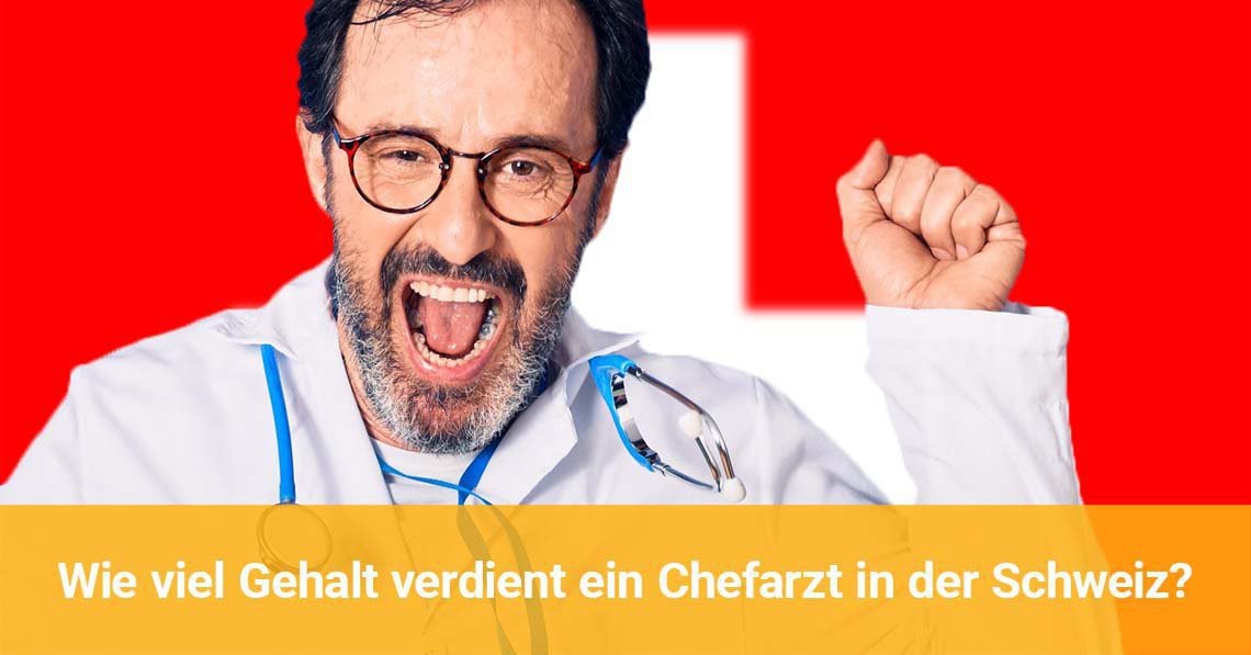 Chefarzt steht vor Schweizer Flagge und freut sich
